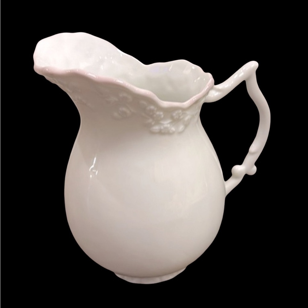 Glazed Ceramic Water Beverage Pitcher Textured Floral & Soft Pink Rim
